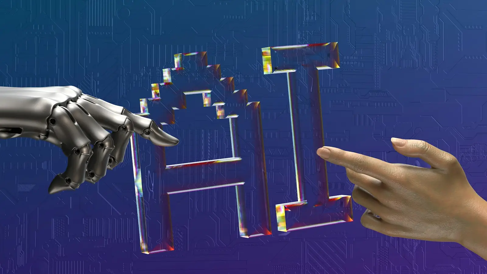 Main humaine et main robotique devant les lettres AI
